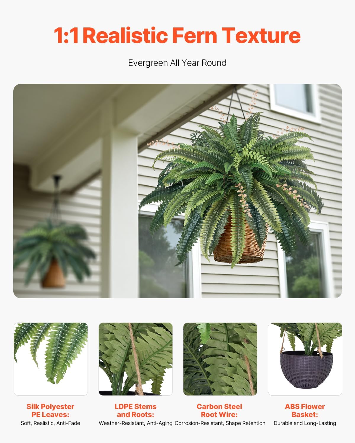 VEVOR Artificial Ferns, Natural Spread Diameter 41 Inch, Large Hanging Fake Boston Ferns, Sunlight Resistant Fake Plant Wall Decor with 80 Branches and Flowerpot, Faux Fern for Home Office Outdoor