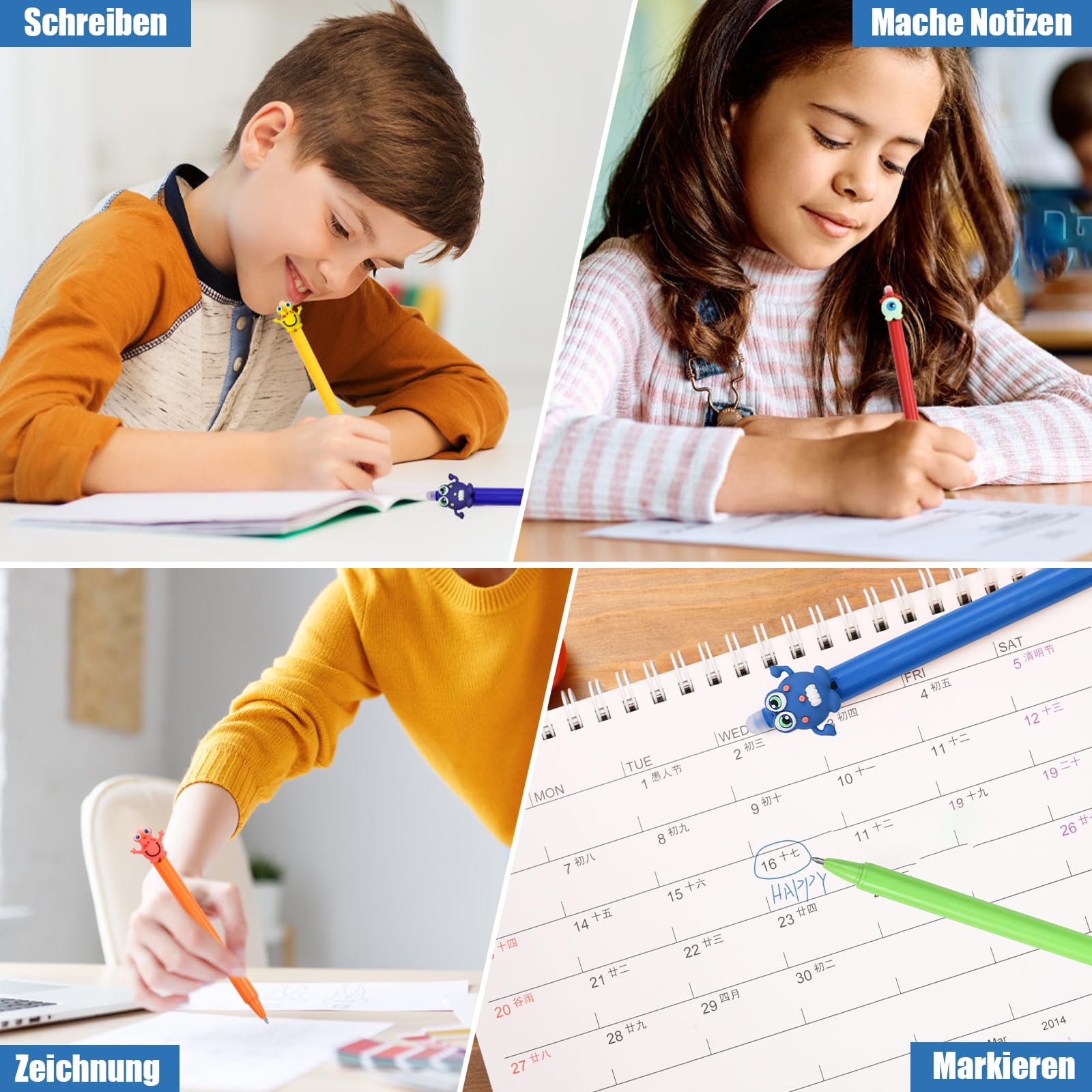 4 Radierbare Kugelschreiber Blau - 0.5 Mm, Gel-Tinte, Löschbar - Für Schule Und Büro