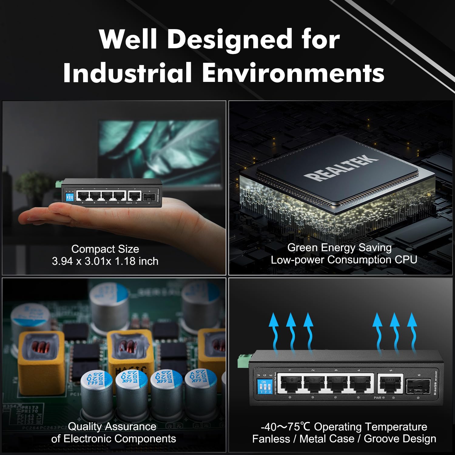 MokerLink Switch PoE Industrial Din Rail Gigabit a 6 porte, 4 porte PoE da 100/1000 Mbps, IEEE802.3af/at PoE+, 1 Gigabit uplink, 1 Gigabit SFP, metallo DIN Rail e montaggio a parete switch Ethernet
