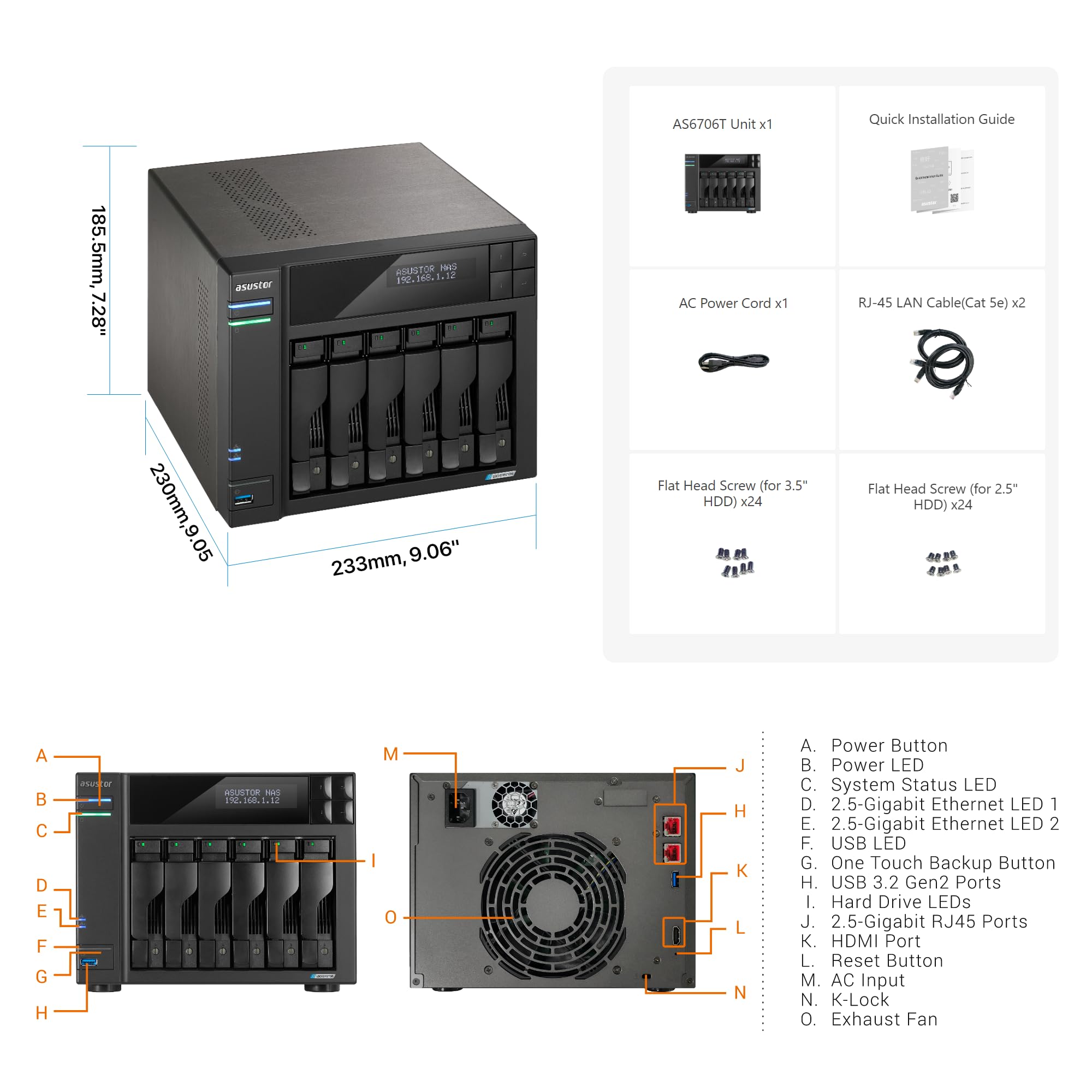Asustor Lockerstor 6 Gen2 - AS6706T | NAS 6 Baies, processeur Quad-Core 2,0 GHz, 4 emplacements M.2 NVMe (PCIe 3.0), Double 2,5 GbE, Extensible à 10 GbE, 8 Go de RAM DDR4