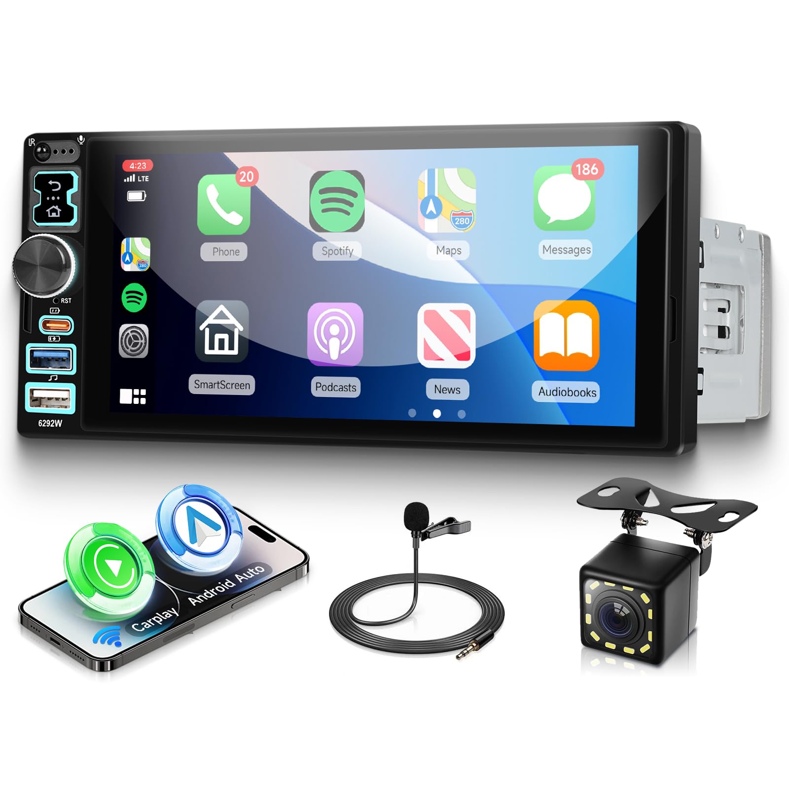 VECHTEL Radio Coche Bluetooth con Carplay Android Auto Inalámbrico, Autoradio 1 DIN con Pantalla Táctil IPS HD de 6,8 Pulgadas, Soporte Radio FM Mirror Link USB/Tipo C Controles en el Volante Cámara