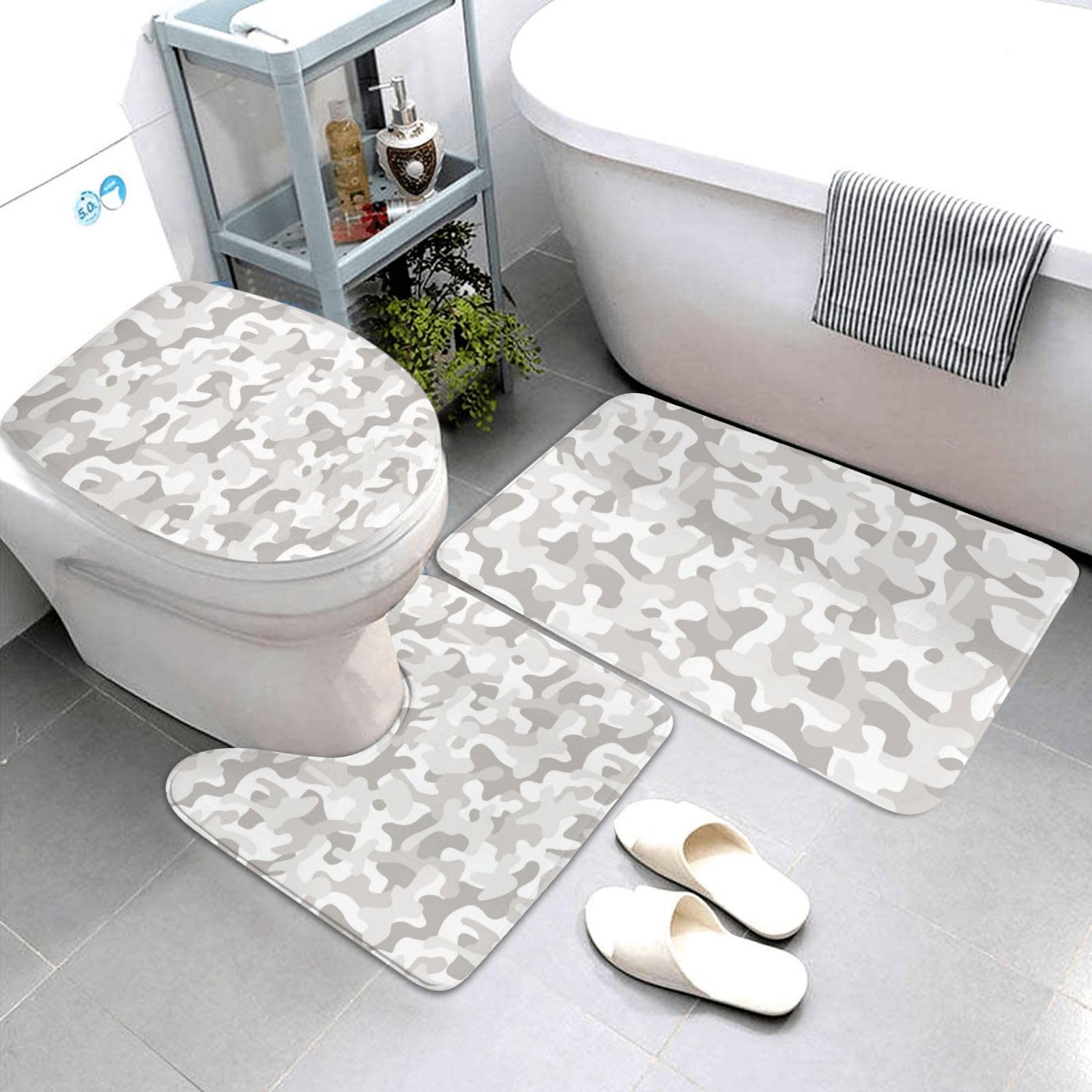 Tapis de bain absorbant et antidérapant lot de 3 lavable motif camouflage gris