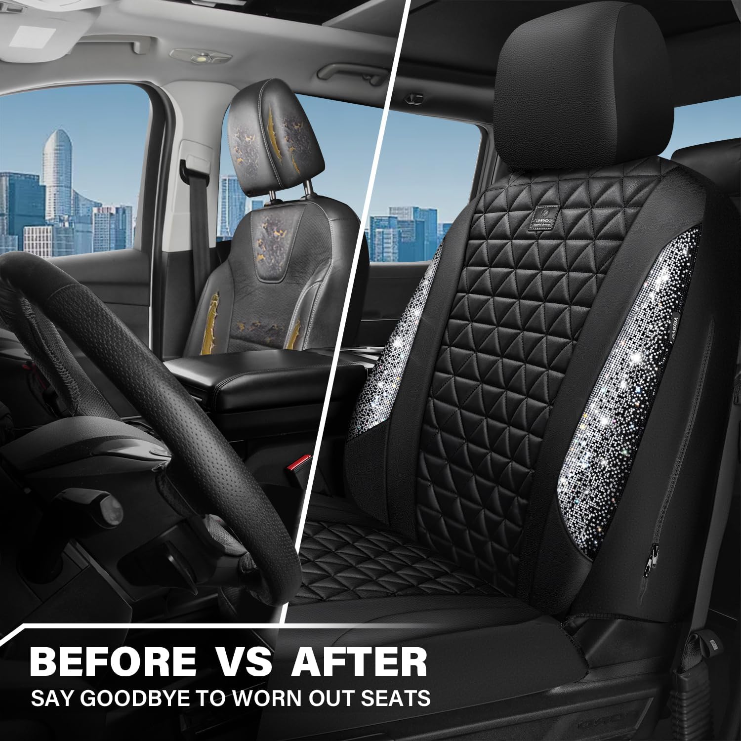 CAR PASS Bling Diamond Leather Car Seat Covers for 2 Front Interior Sets, Waterproof Shining Glitter Sparkly Crystal Universal Armrest Fit Automotive Truck SUV Cute Women Girl, Black Silver Rhinestone