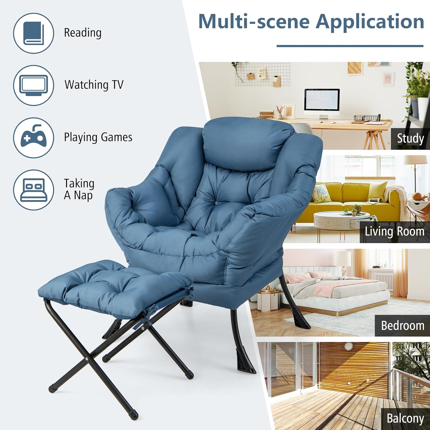 Giantex Lazy Chair with Ottoman, Accent Sofa Chair with Folding Footrest, Side Storage Pocket, Upholstered Leisure Lounge Armchair with Stool for Bedroom, Living Room, Office, Blue