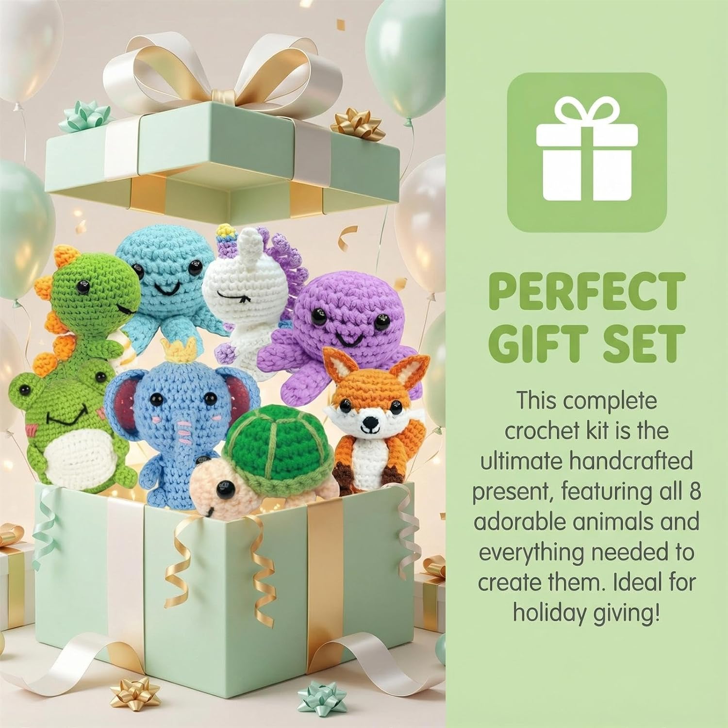 Ebzoyor 8Pcs Crochet Animal Kit for Beginners with Step by Step Videos | Crotchet Kit with Yarn Hook and Supplies, Knitting Kit to Make Your Own Loom Animals, DIY Craft Gift for Craft Lovers