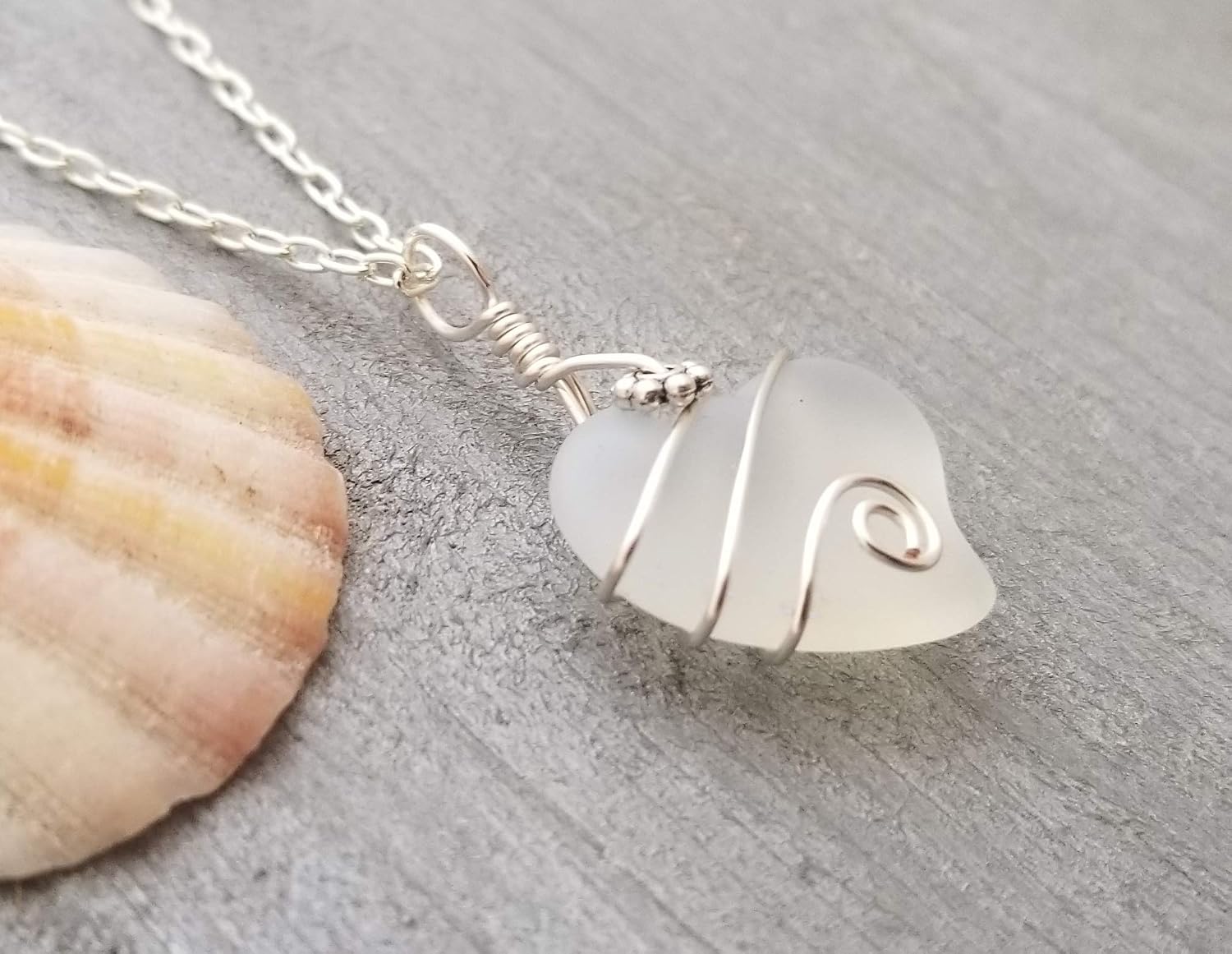 Handmade Sea Glass Necklace, Wire Heart Necklace, Sea Glass Jewelry For Women Birthday Gift For Women