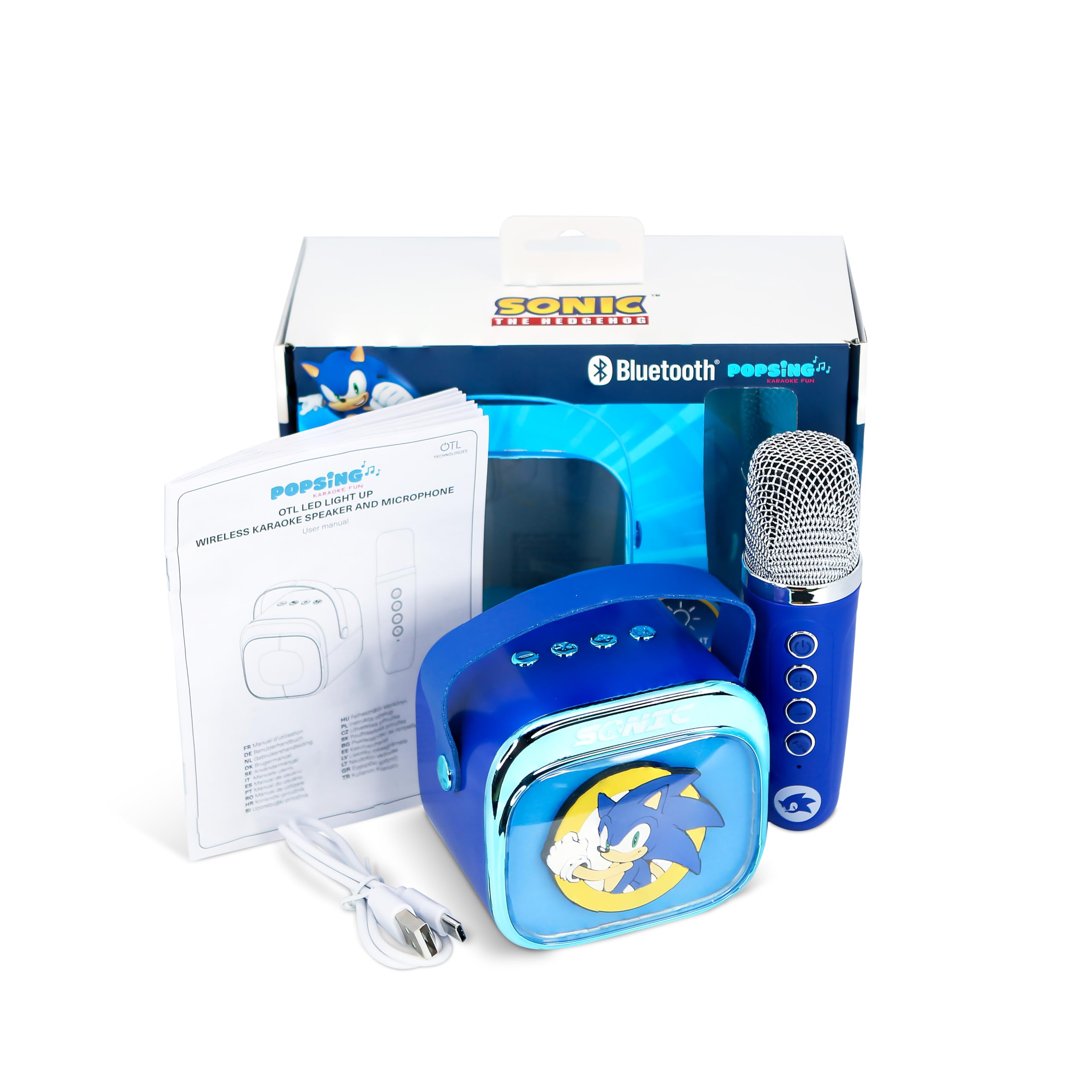 Sonic The Hedgehog Mini Haut-Parleur de Karaoké LED sans Fil avec Microphone Bluetooth, Lumières à Changement de Couleur Bleue