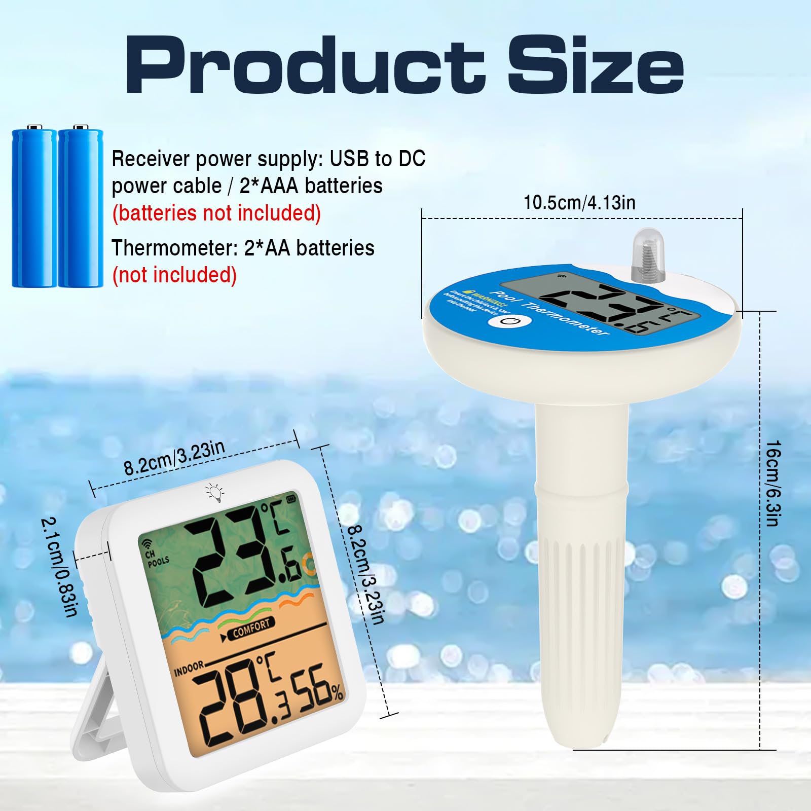 Thermomètre Piscine Connecté Sans Fil IP68, Thermomètre Piscine Connecté avec Récepteur Radio LCD, Portée jusqu'à 100m, Thermometre Piscines avec Température Intérieure/Extérieure et Humidité