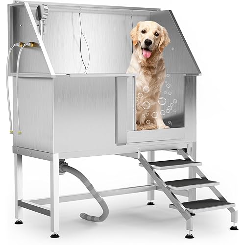 50" Dog Wash Station, Professional Stainless Steel Pet Grooming Tub with Non-Slip Ramp & Storage for Large Medium Small Dogs