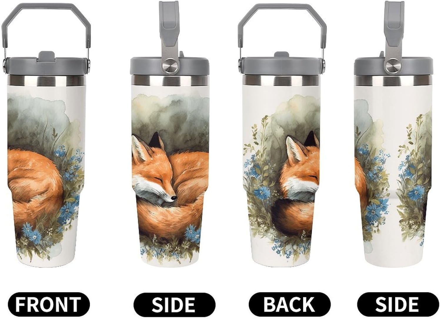 A Sleeping Fox Water Bottle 30 Oz Fits Car Cup Holder,Insulated Coffee Mug Large Capacity Car Cups,Stainless Steel Double Wall Sport Bottle for Travel Sports Gym