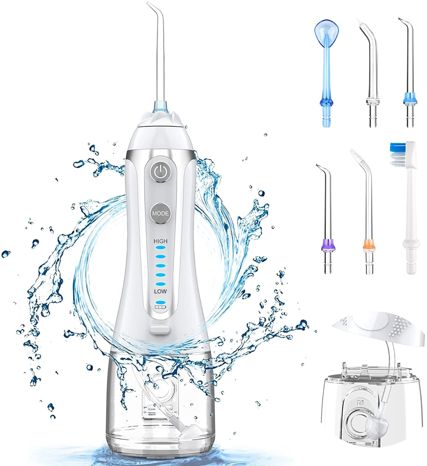 Hydropulseur Jet Dentaire Électrique, 300ml Irrigateur Oral Portable Sans Fil, Charge USB, 6 Buses, 5 Modes d’Impulsion, Boule de Gravité Incluse, IPX7 Étanche, Sac de Voyage Offert
