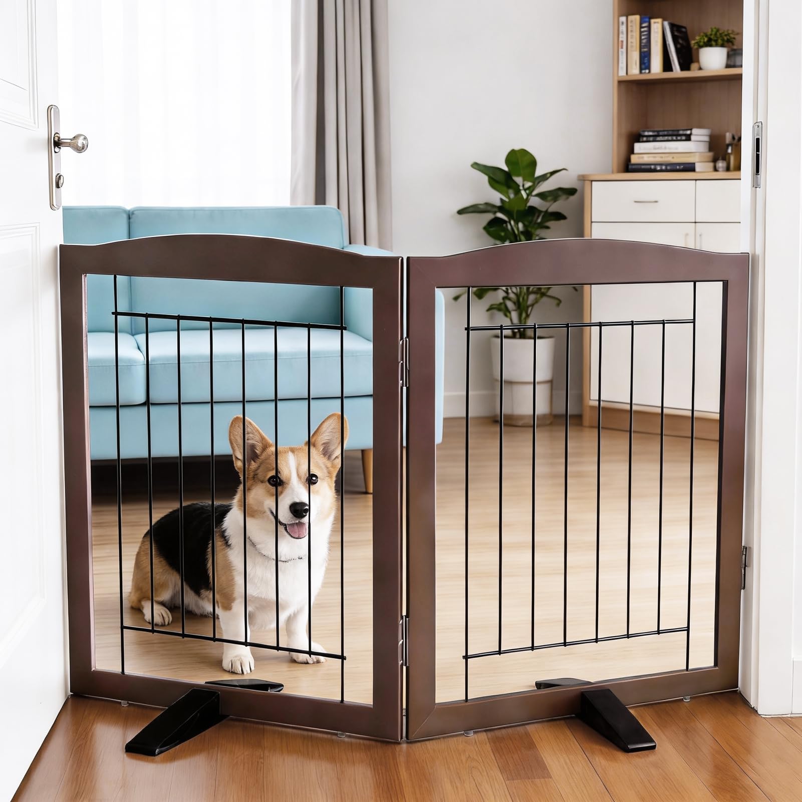 Dog Fence Indoor,Dog Gate Indoor for Doorway pet gate -2-Panel Freestanding, Hallways, House or Stairs -40x24-Inch Retractable Foldable Expandable Wood Pet by SFJC (Brown) — image 1