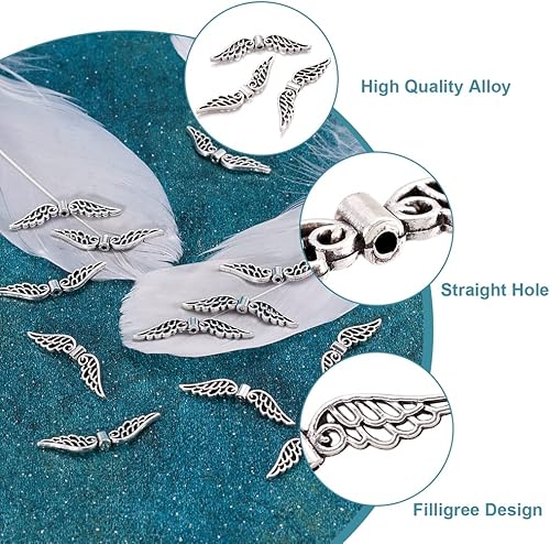 Miniatura 5 de FASHEWELRY 100 cuentas espaciadoras de ala de ángel de filigrana de plata antigua, cuentas de metal tibetano huecas de ala de hada, 0.276 x 1.260 in