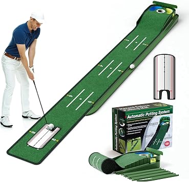Professional Golf Putting Mat with Auto Ball Return Track & Putting Mirror, Golf Practice Training Mat for Men Playing Golfs Game at Home Office or Backyard Golf Putting Green