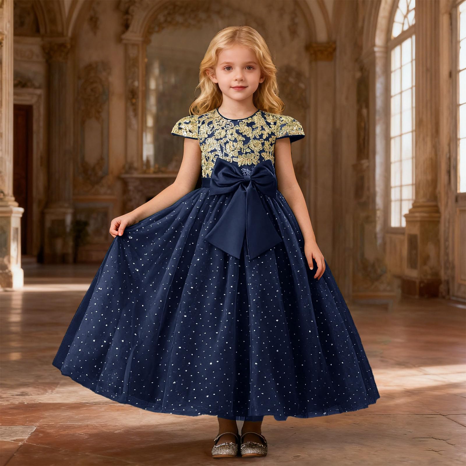 Vestido de niña con Bordado, Mangas abullonadas, tutú, Vestido de Fiesta para celebración de cumpleaños y Elegante Lazo, Atuendo Formal, de Tul, fácil de Lavar y Suave, Ideal para Uso Diario
