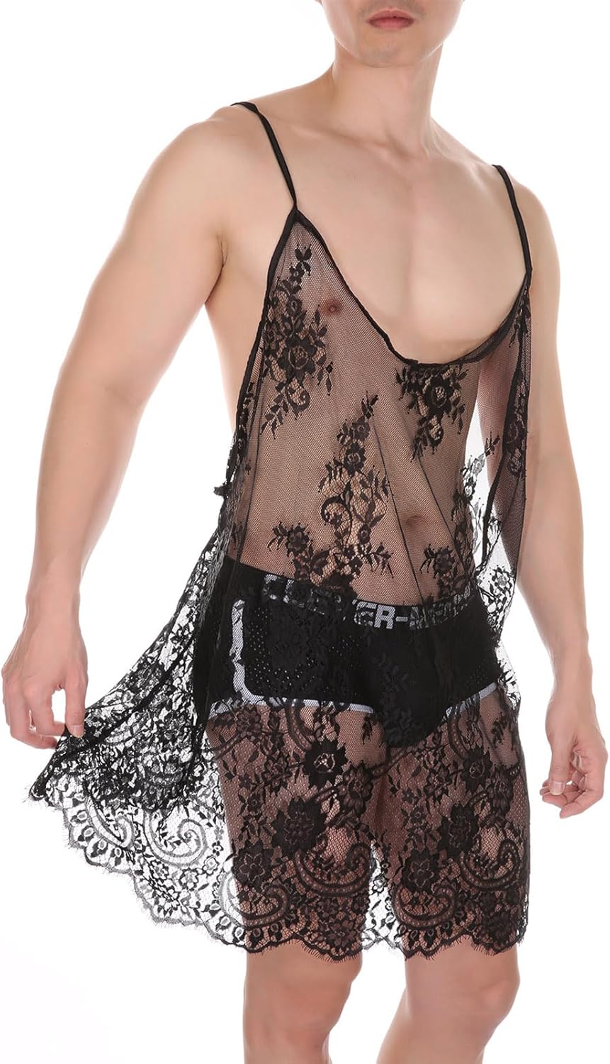 ABAFIP Men's Sissy Lace Lingerie Floral Mesh See Through Nightwear Sheer Mini Dress Crossdress Sleepwear - Image 4