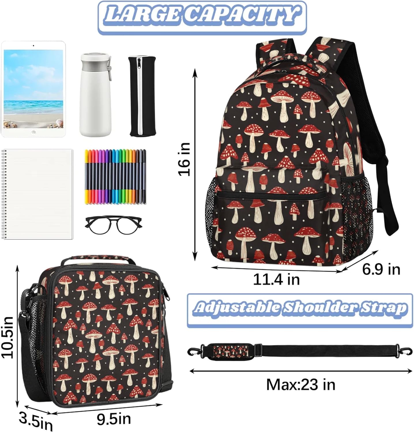 Mushroom Backpack Set, Backpack with Lunch Box Gifts Set for Women Men, Multifunction 2Pcs Laptop Travel Picnic Camping Backpack with Lunch Bag