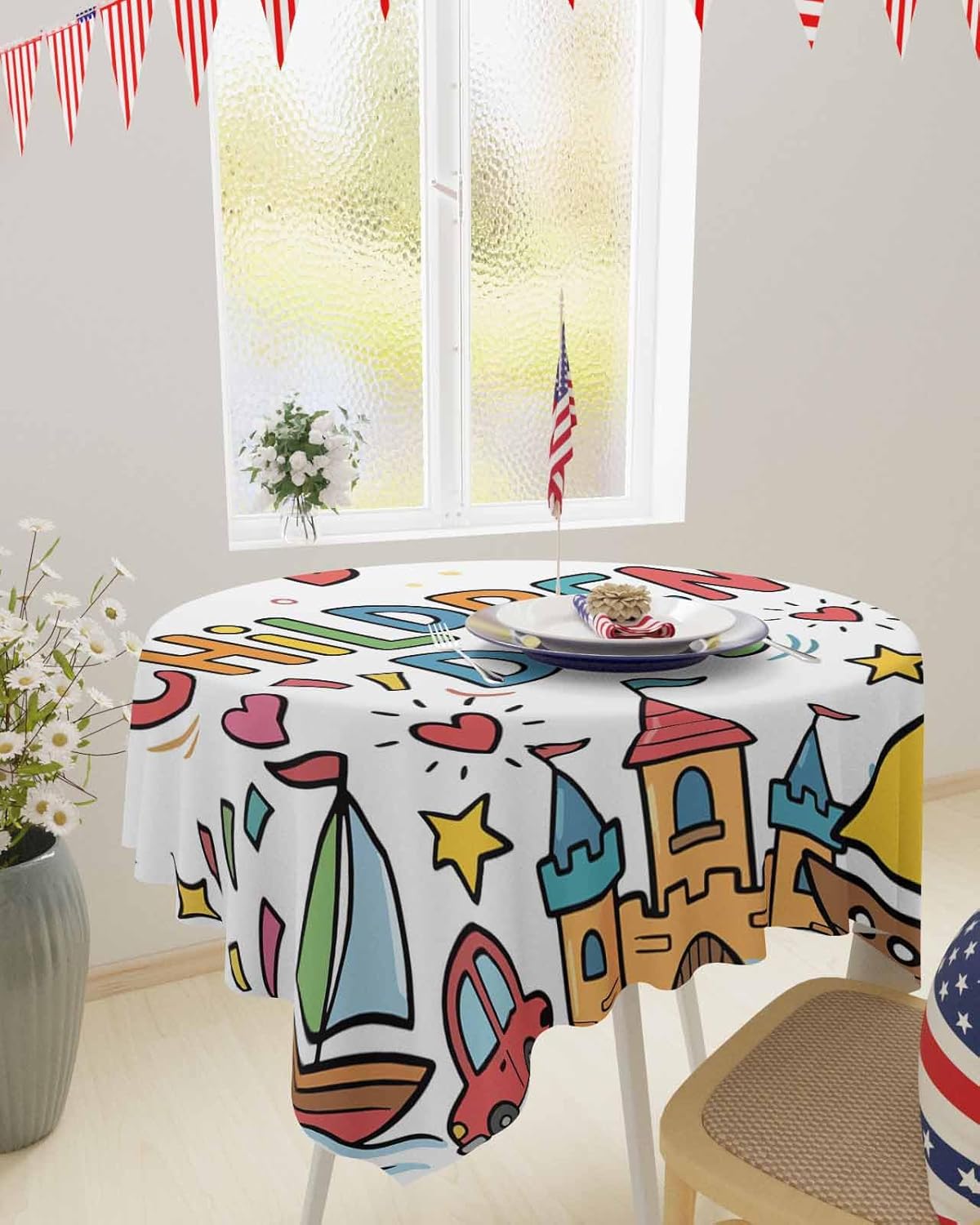 Happy Children's Day Waterproof Table Cloth Cartoon Sun Castle Boat Truck Leather Ball Waterproof & Wrinkle Table Cover, Washable Polyester Soft Fabric Table Cloth for Outdoor Indoor Parties