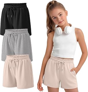 3 Pack Girls' Shorts | Summer, Ruffled, Drawstring, Athletic Pants, Teen, Kids, Loose Sweat Shorts, Back to School Bottoms
