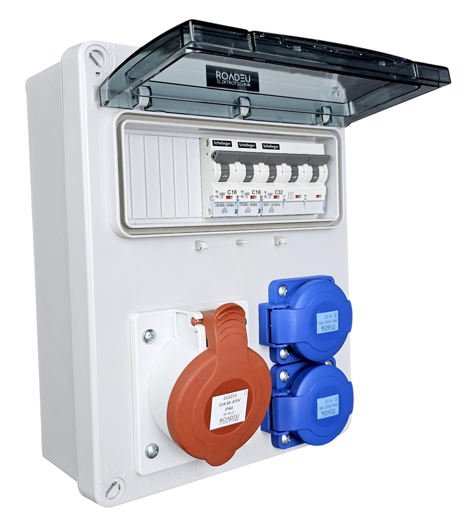 RoadEu Cuadro CEE 400V IP44 con CEE 32A y 2 tomas Schuko | Magnetotérmicos C32A 3P y C16A 1P VDE, cableado 6 mm² / 2,5 mm², precableado