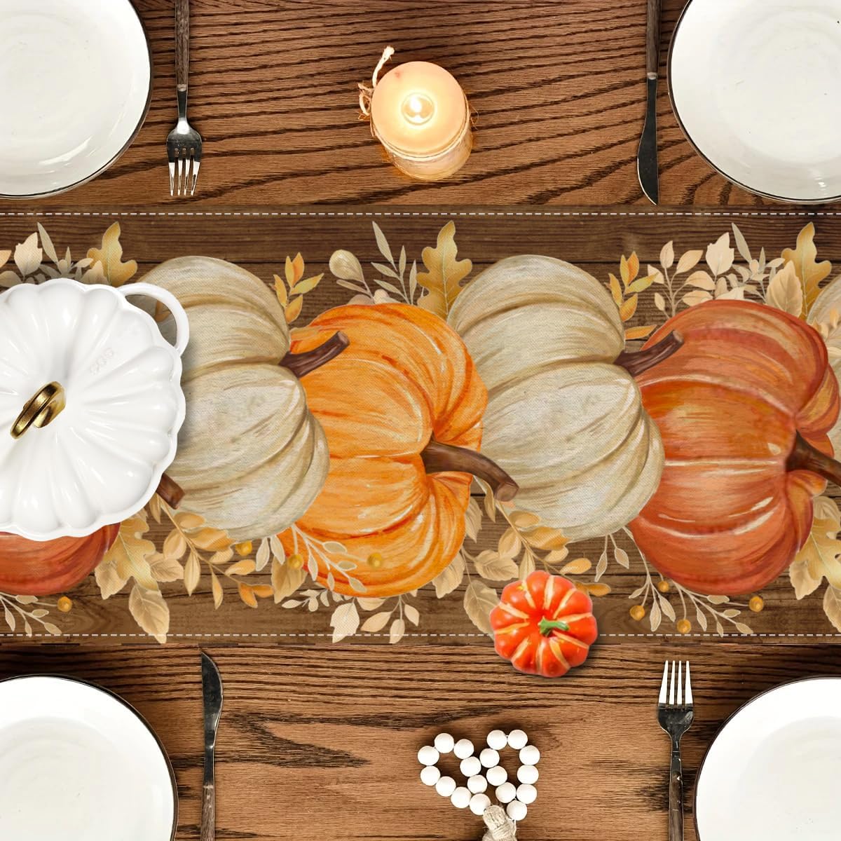 RABUSOFA Pumpkins Golden Maple Leaves Fall Table Runner,Seasonal Autumn Thanksgiving Kitchen Dining Table Fall Decorations for Home Party Decor 13x72 Inch