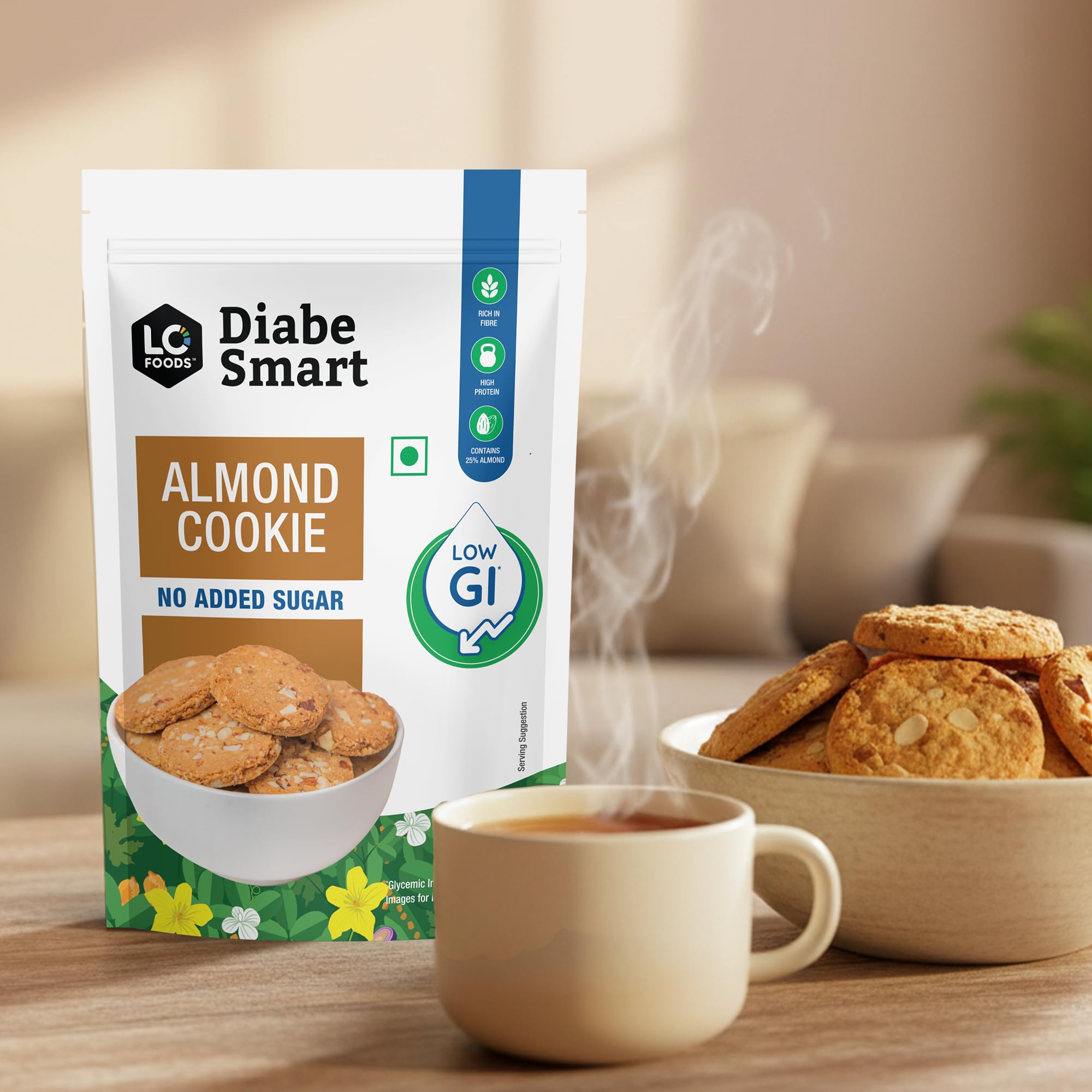 DiabeSmart Sugar Free Almond Cookies (200g), Sugar Free Biscuits, Low GI No Maida Digestive Biscuits with Ayurvedic Ingredients, Zero Sugar Diabetic Cookies, Baked Healthy Diabetic Snacks