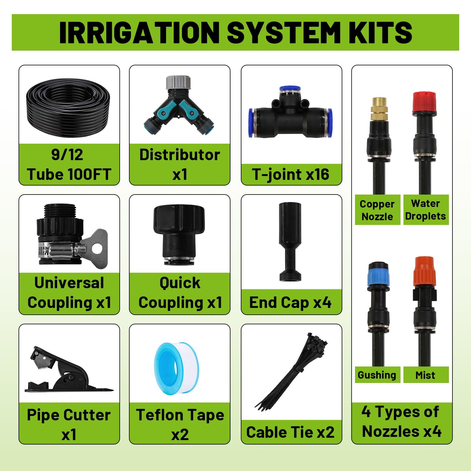 Drip Irrigation Kit - 100 FT. Hose Sprinkler System with 360° nozzles and T-connectors for Gardens, lawns, Plants, Flower beds, Trees, patios and hydroponics (16 360° nozzles + 16 T-connectors)