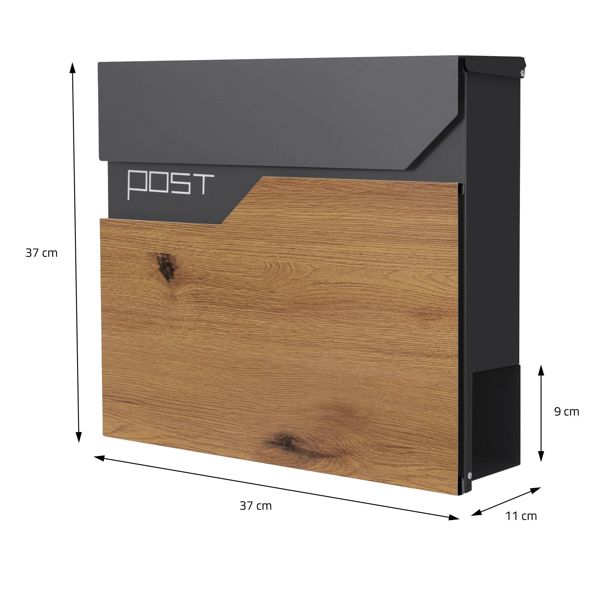 ML-Design Cassetta Postale per Lettere in Acciaio Verniciato a Polvere Antracite Aspetto di Legno 37x37x11 cm con Scomparto per Giornali Riviste Serratura 2 Chiavi incl. Materiale per Montaggio a Muro