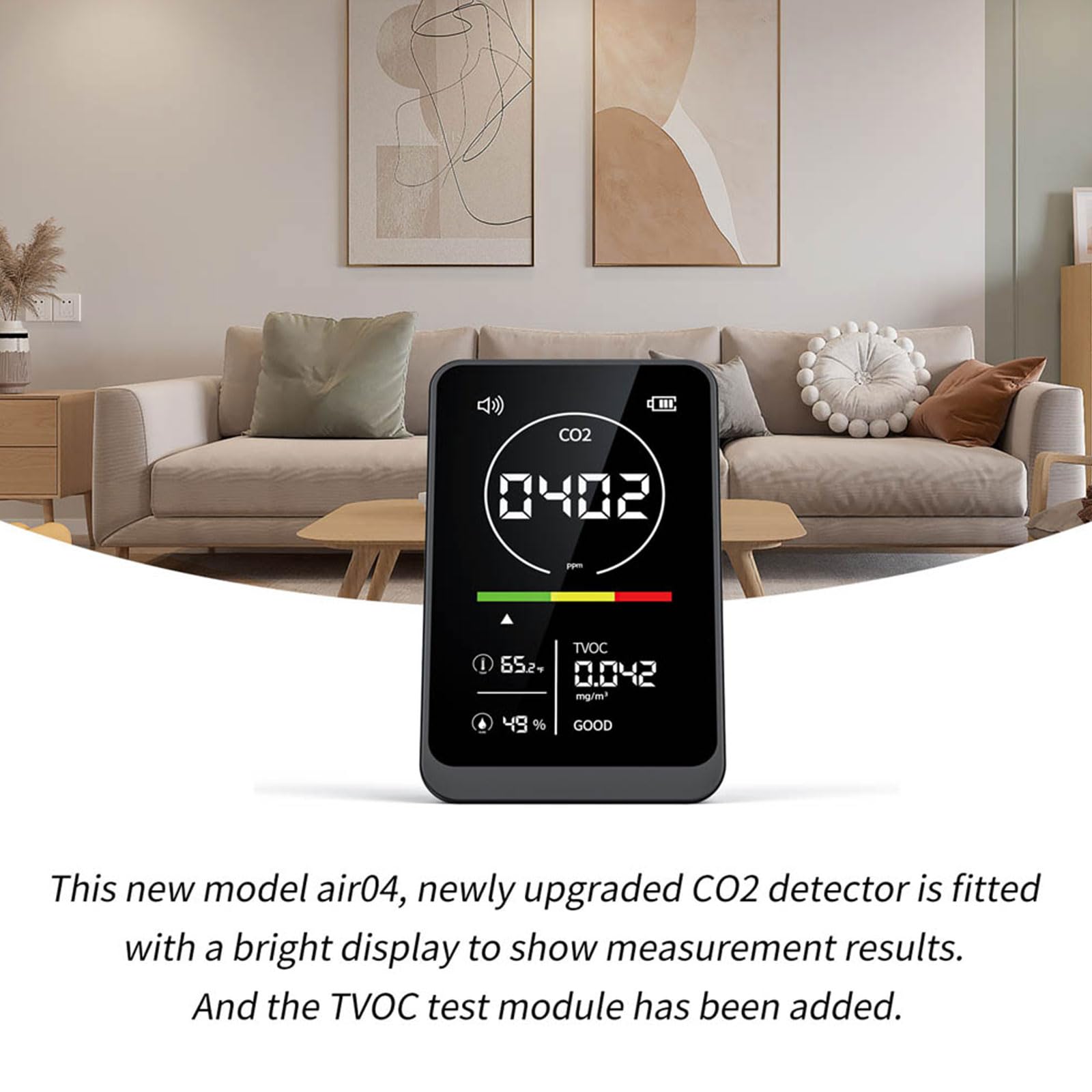 Détecteur de CO2 intérieur de voiture, compteur d'air, température et humidité, détection TVOC, affichage numérique, détecteur de dioxyde de carbone, avertissement