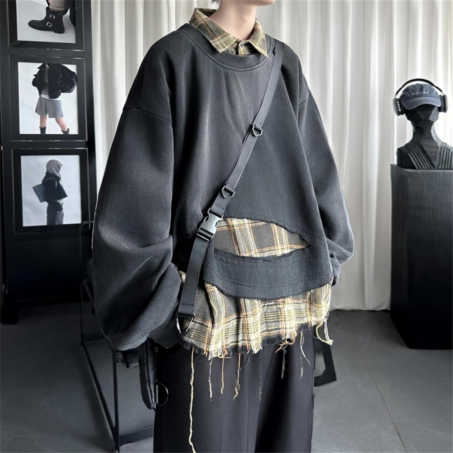 [ＹＵＮＨＥＮ] パーカー メンズ トレーナー 長袖 プルオーバー ゆったり 襟付き スウェットパーカー 重ね着風 ダメージ加工 ト