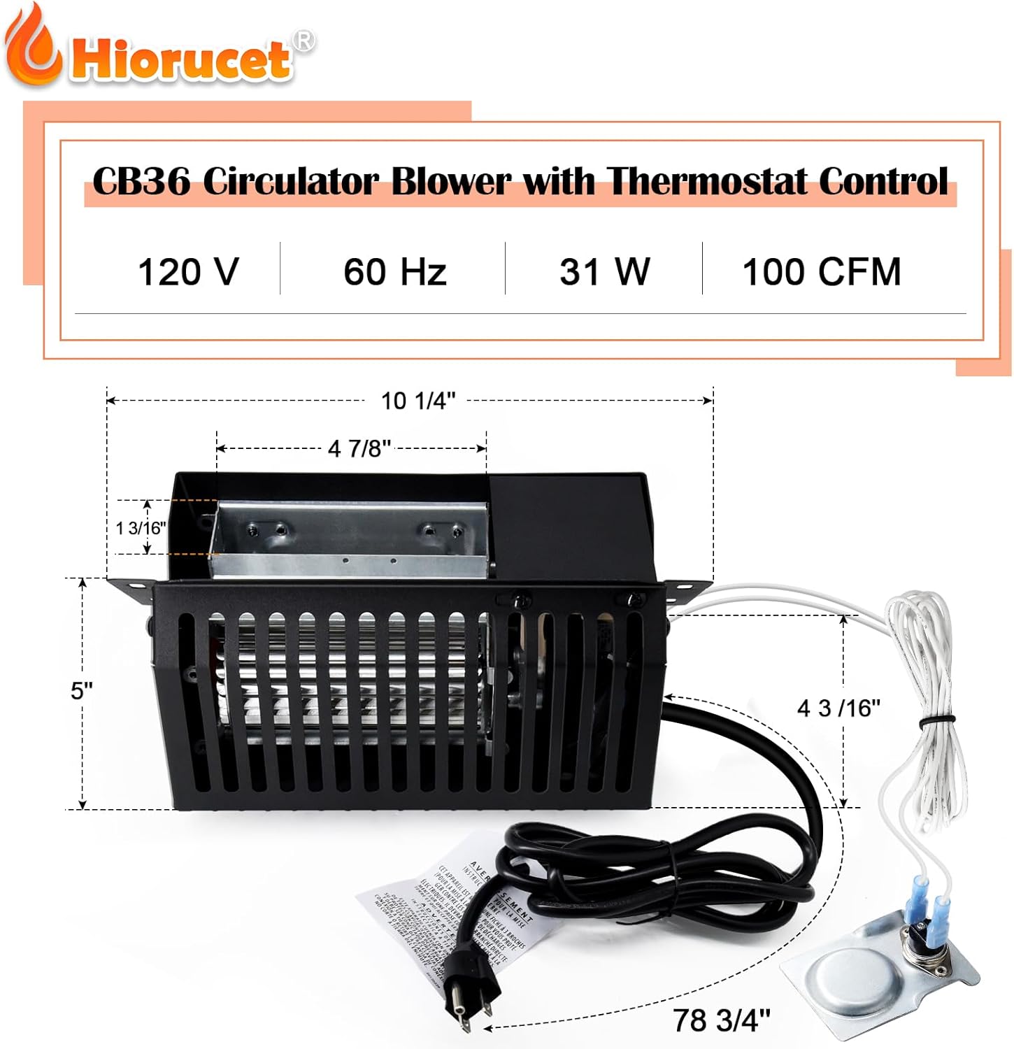 Hiorucet CB36 Wood Stove Blower with Thermostat for US Stove US2000E, BEC95E, Country Hearth 2000, Ashley AW1120E, Vogelzang VG820E Heartwood and King 2007B, US Stove CB36 Circulatory Blower Kits.