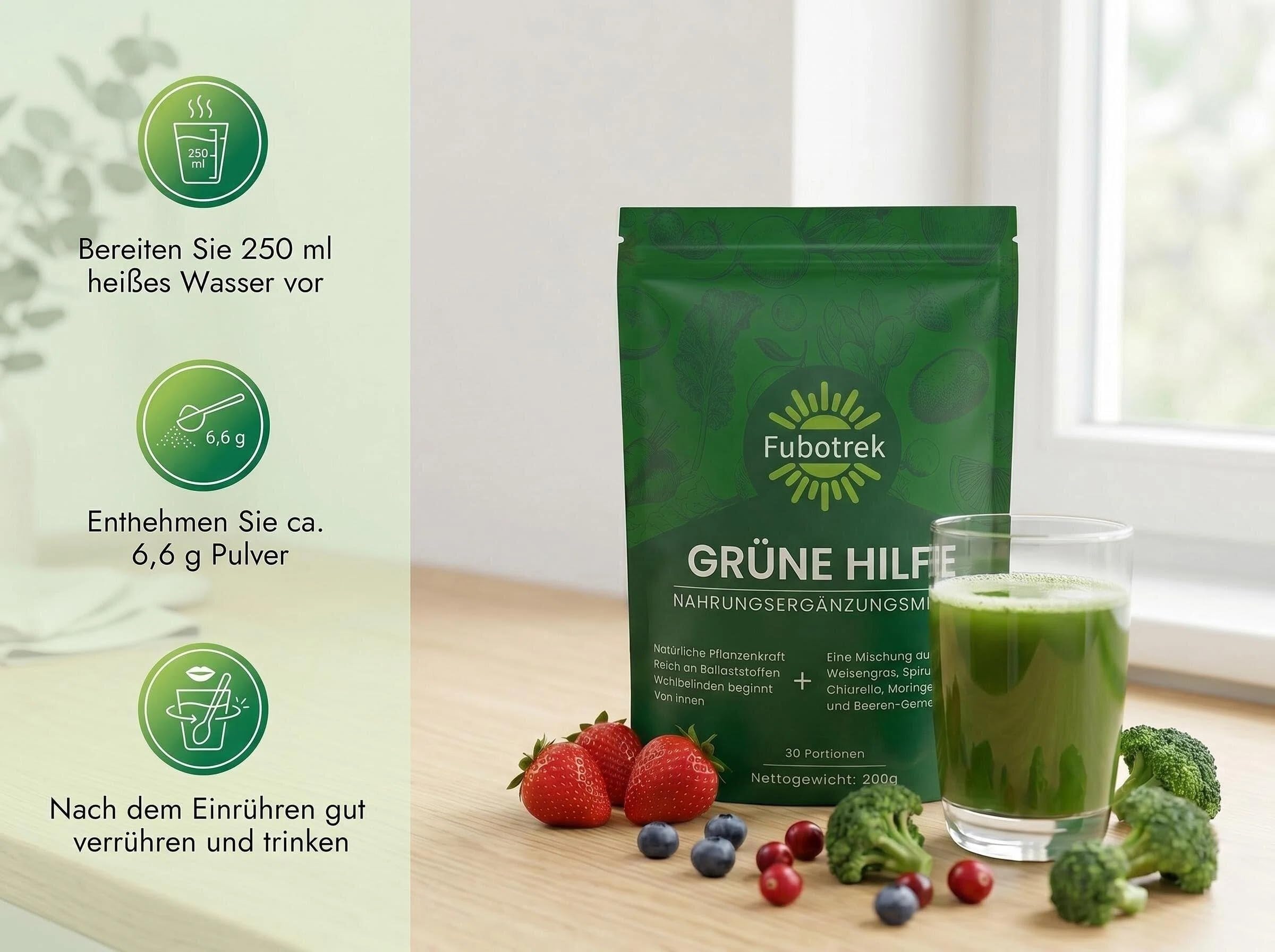 Grüne Entgiftungspulver, 200g Grüne Superfood Pulver Helfer, Greens Pulver mit Matcha Spirulina, Gerstengras, Moringa, Ballaststoffreich & Vegan | Natürliches Pflanzenpulver für Alltag & Ernährung