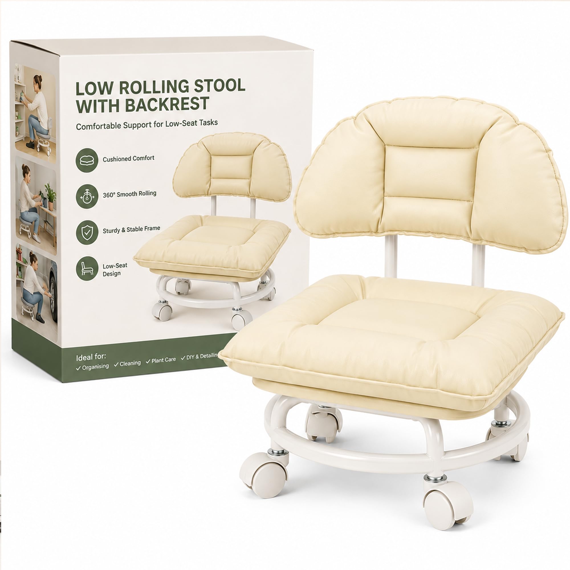 Rolling Low Stool with Backrest, Padded Seat, 360° Swivel Wheels ，Beige