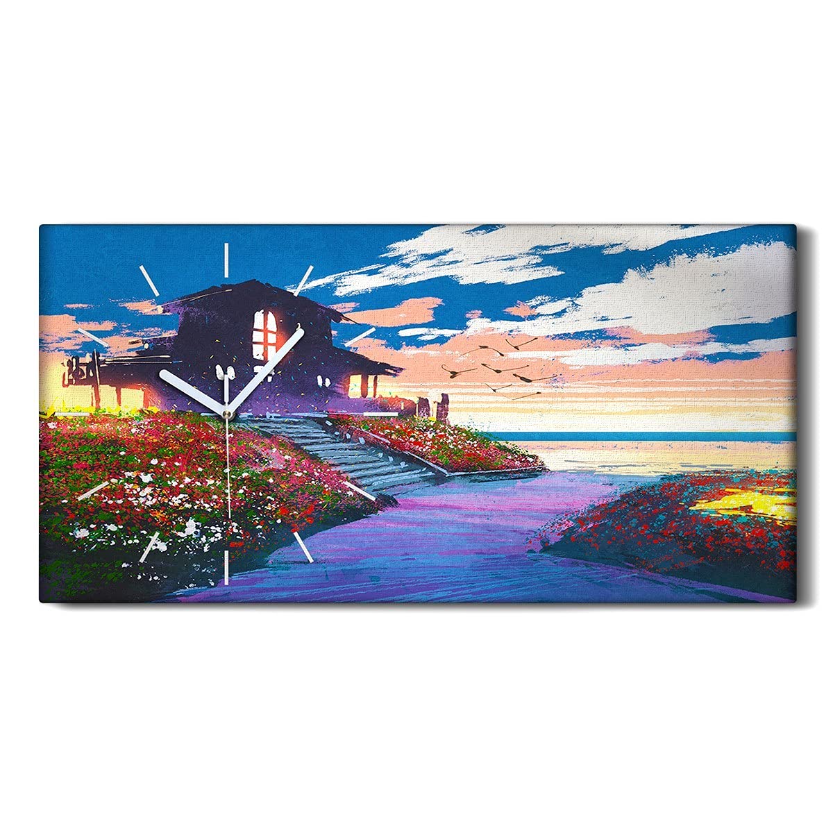 Horloge Silencieuse Sans Tic Tac Grand Format Toile Ciel Nuages 60x30cm
