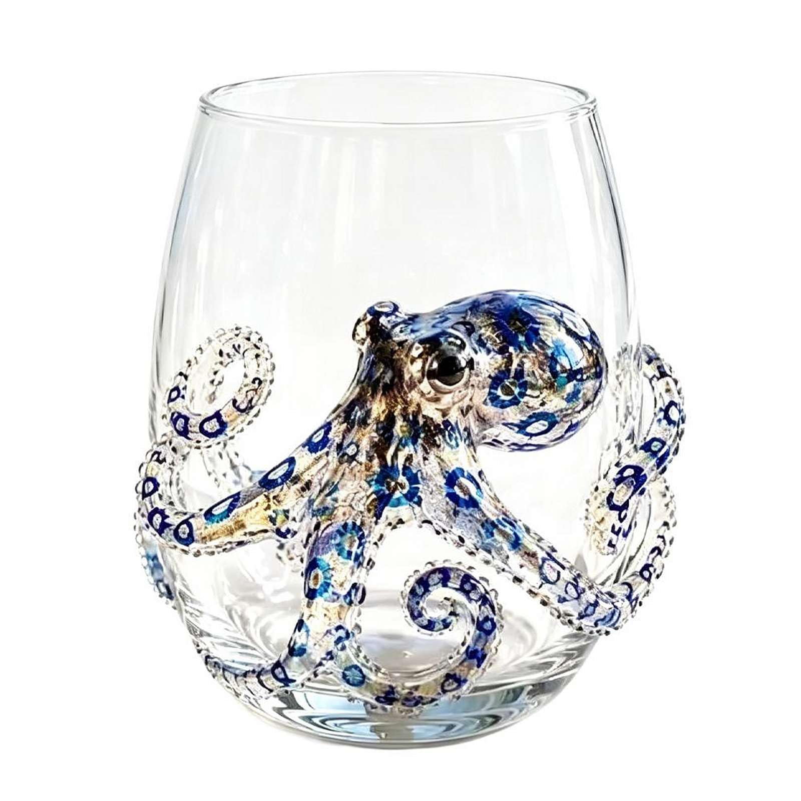 Artisanal Blue Ringed Octopus Glassware, Ocean Octopuses Drinking Glass, 12 Oz Marine Animal Embossed Stemless Wine Glasses, Coastal Home Decor Gifts for Ocean Lovers