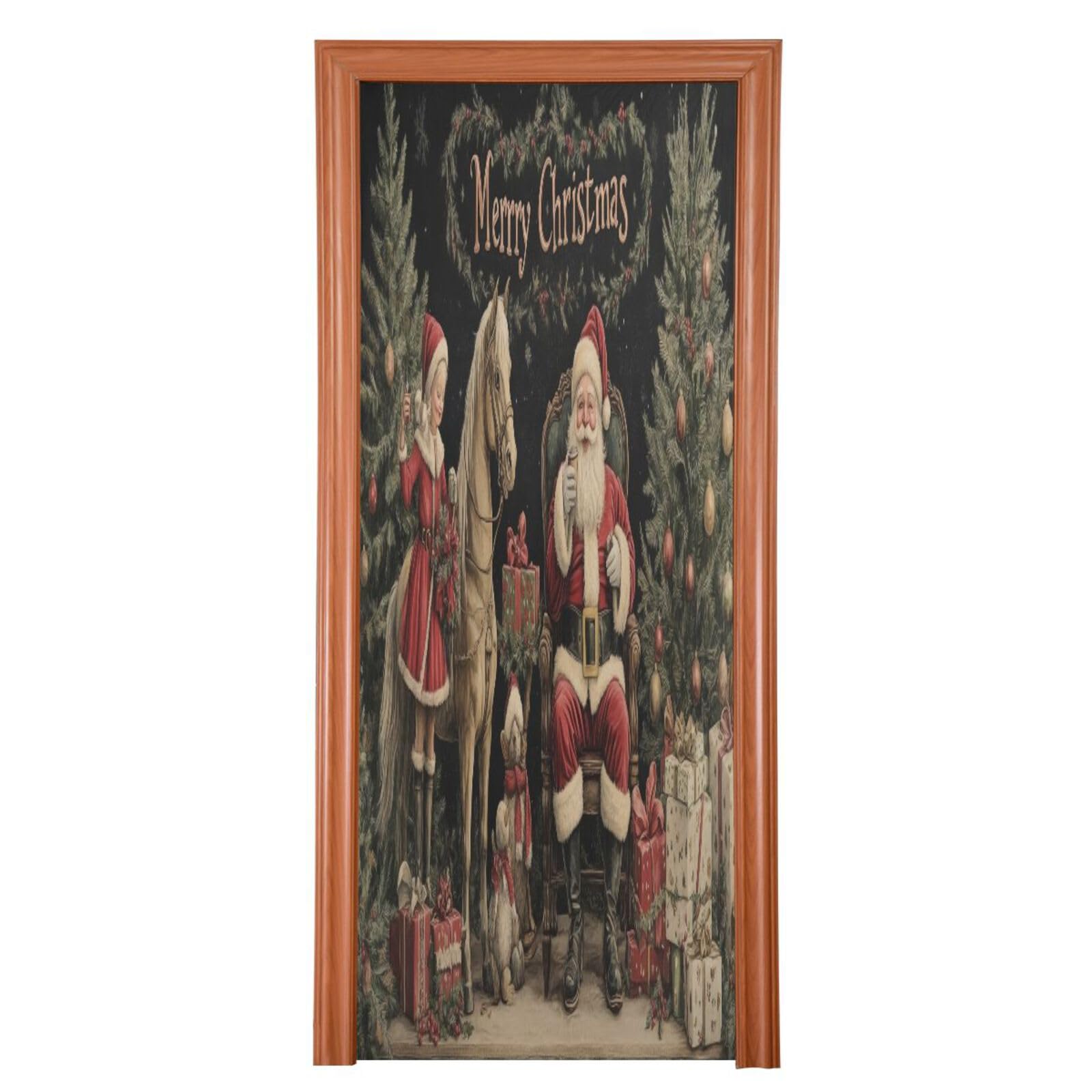 J JOYSAY Christmas Santa Horse Door Decorations Door Cover Xmas Decoration Xmas Front Door Cover Decoration for Indoor,32x79 in