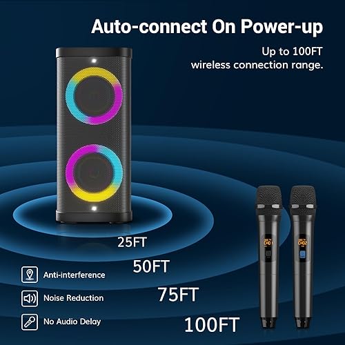 Miniatura 4 de TONOR - Máquina de karaoke para adultos con 2 micrófonos inalámbricos UHF, sistema de altavoces PA portátiles Bluetooth con luces de discoteca