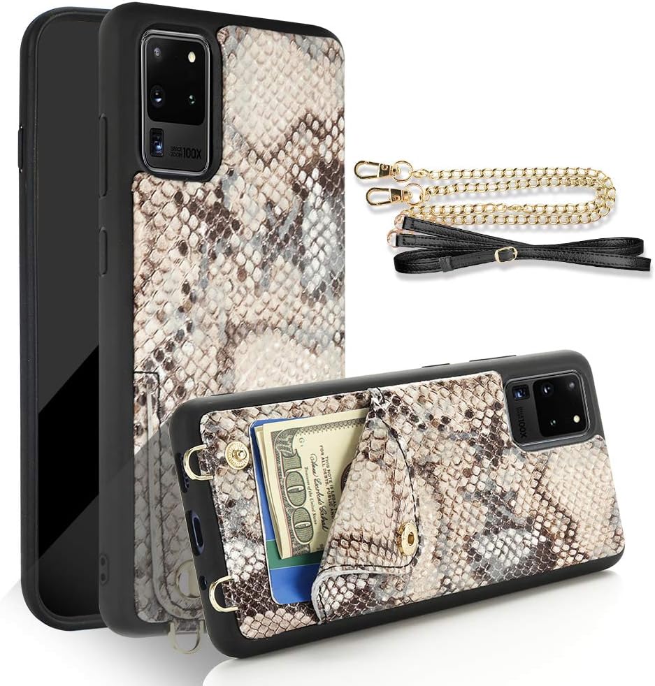 JLFCH Galaxy S20 Ultra Wallet Case, Wallet Case for Samsung Galaxy S20 Ultra 5G Crossbody Chain Case with Card Slot Holder Leather Protective. S20 Ultra 6.9 inch - Khaki Snake