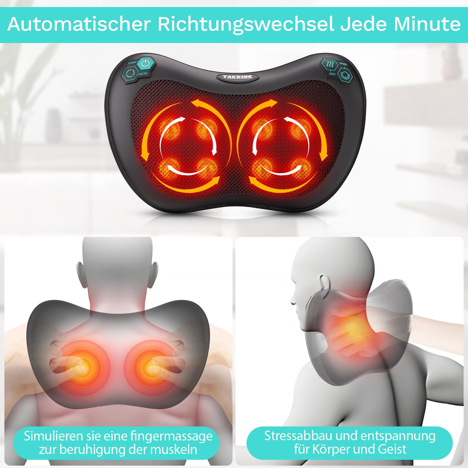 TAKRINK Shiatsu Massagekissen Nackenmassagegerät Rückenmassagegerät mit 8 Knoten und 3 Speed Tiefengewebsknetung Leise Massagegerät für Nacken Schulter rücken mit 1,8 m Autokabel für Männer, Frauen