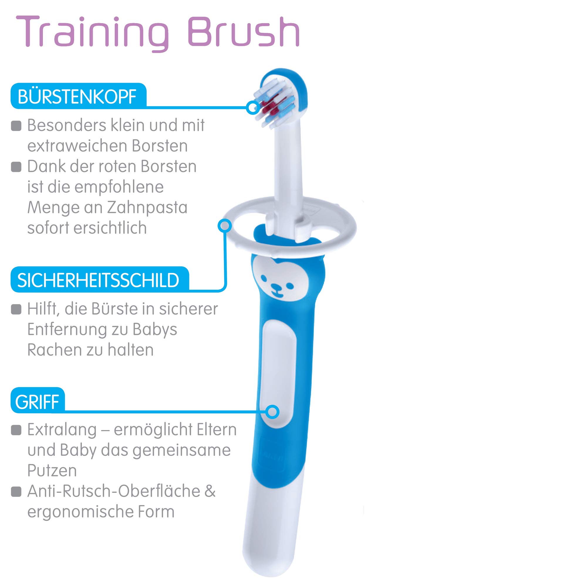MAM Training Brush, spazzolino da denti per bambini con manico lungo per tenere insieme, spazzolino da denti per la pulizia delicata dei denti, dai 5 mesi in su, turchese