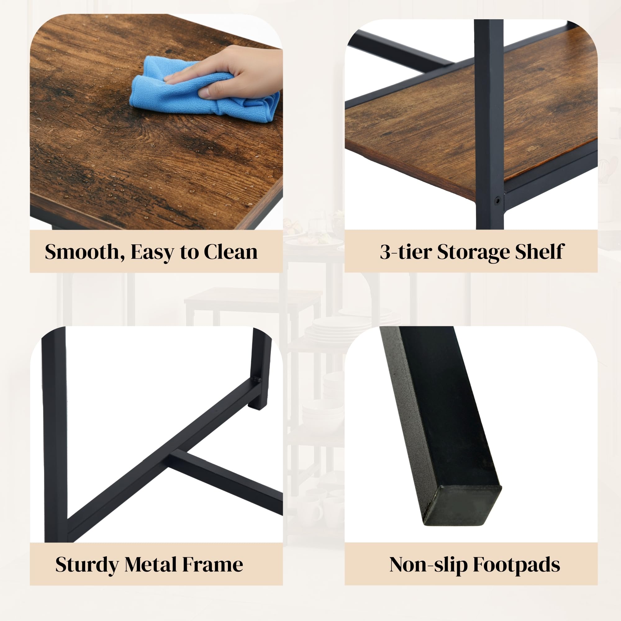 Ensemble Table de Bar avec 2 Tabourets, Table Haute Mange Debout avec 3 Étagères, Style Industriel, pour Petit Espace Cuisine, Salle à Manger, Salon, Bar, Bistrot, Balcon, Marron et Noir
