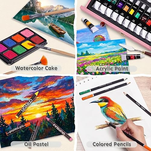 Miniatura 3 de Juego de arte de lujo de 175 piezas con 2 blocs de dibujo, pinturas acrílicas, lápices de colores, juego de pintura en estuche de madera, kit de