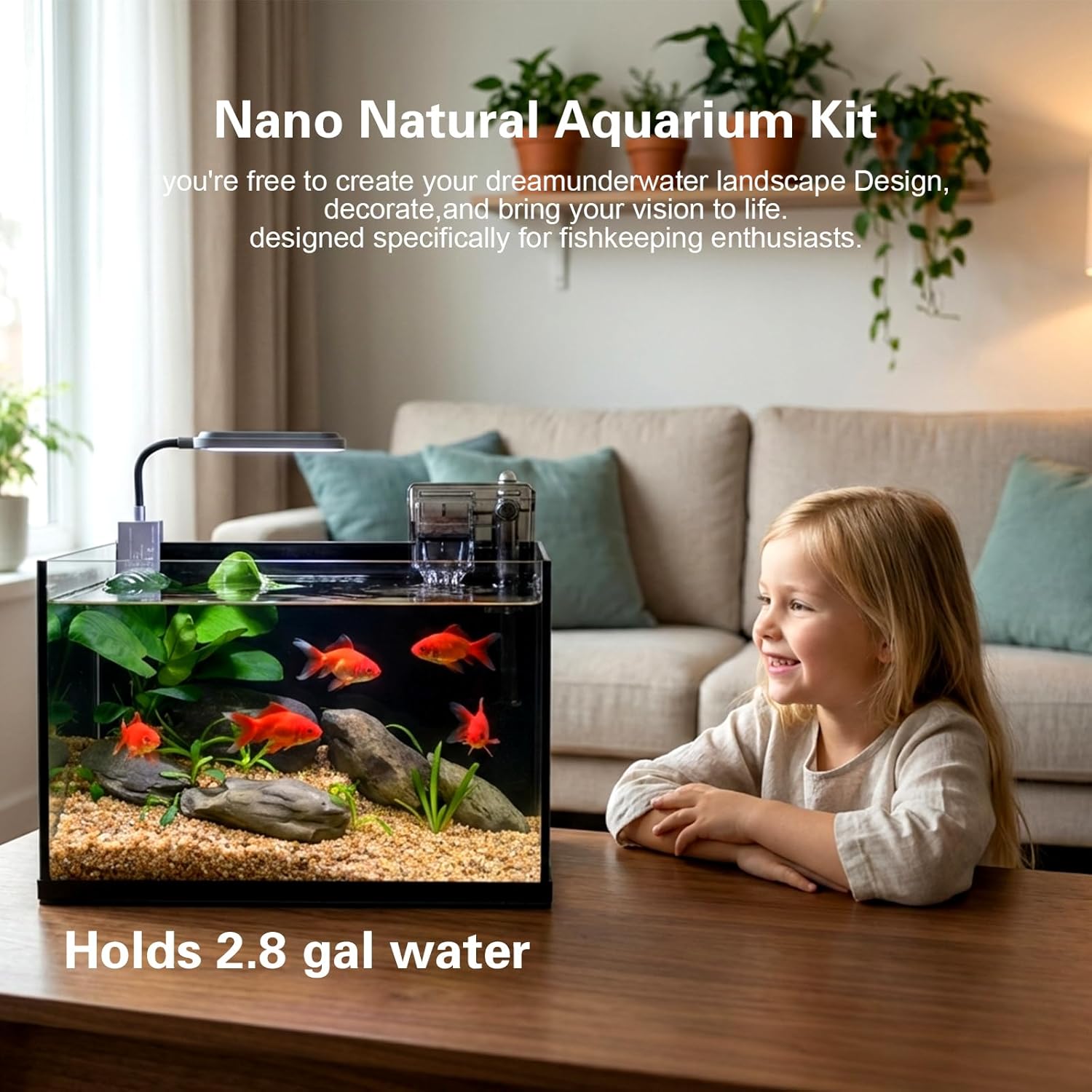 2.8 Gallon Nano Natural Aquarium Kit, Clear Glass Small Fish Tank with Light and Filter, Suitable for Small Fish, Shrimp, or Betta Fish Tank, Black