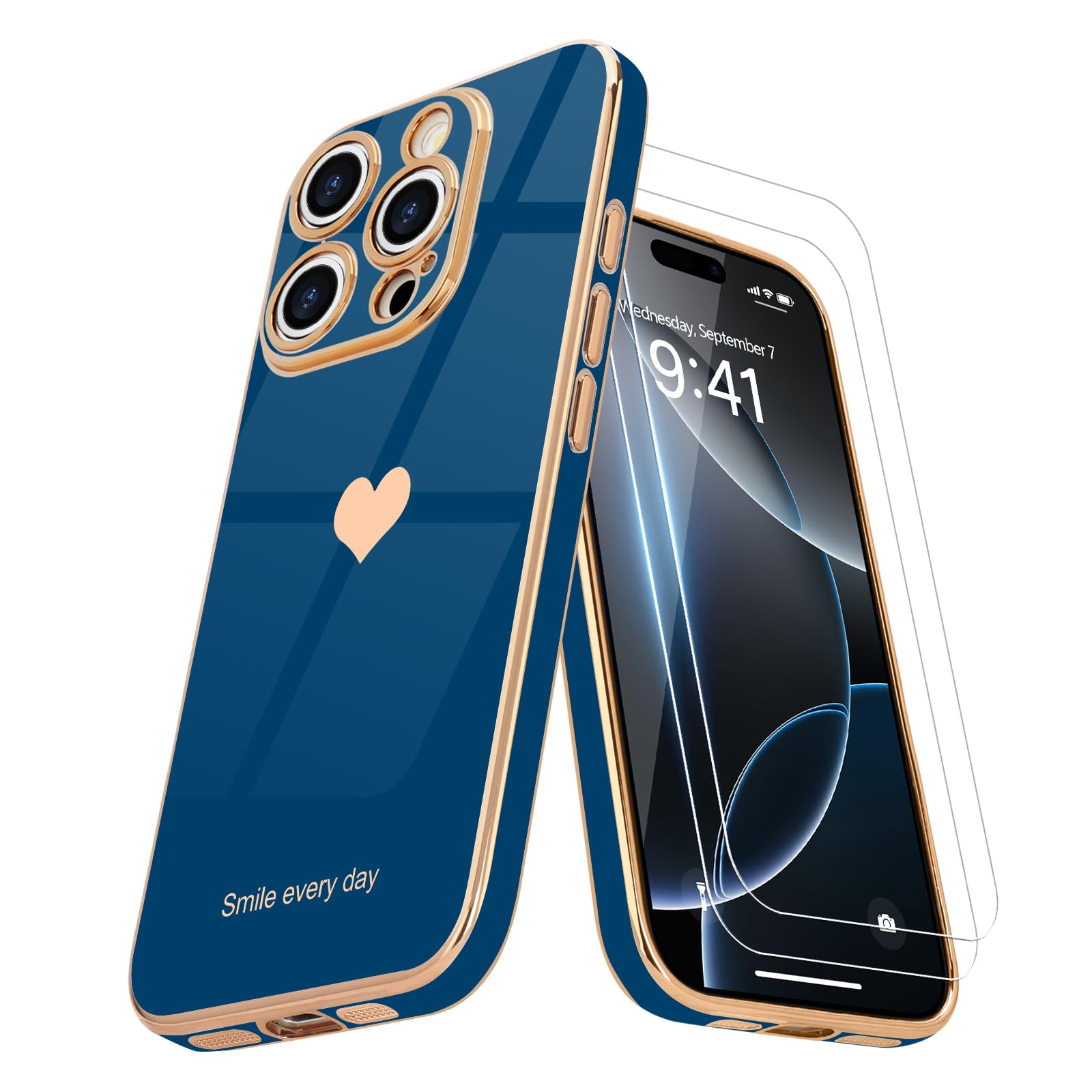 Teageo for iPhone 16 Pro Max Case with Screen Protector [2 Pack] Girl Women Cute Girly Love-Heart Luxury Gold Soft Cover Camera Protection Shockproof