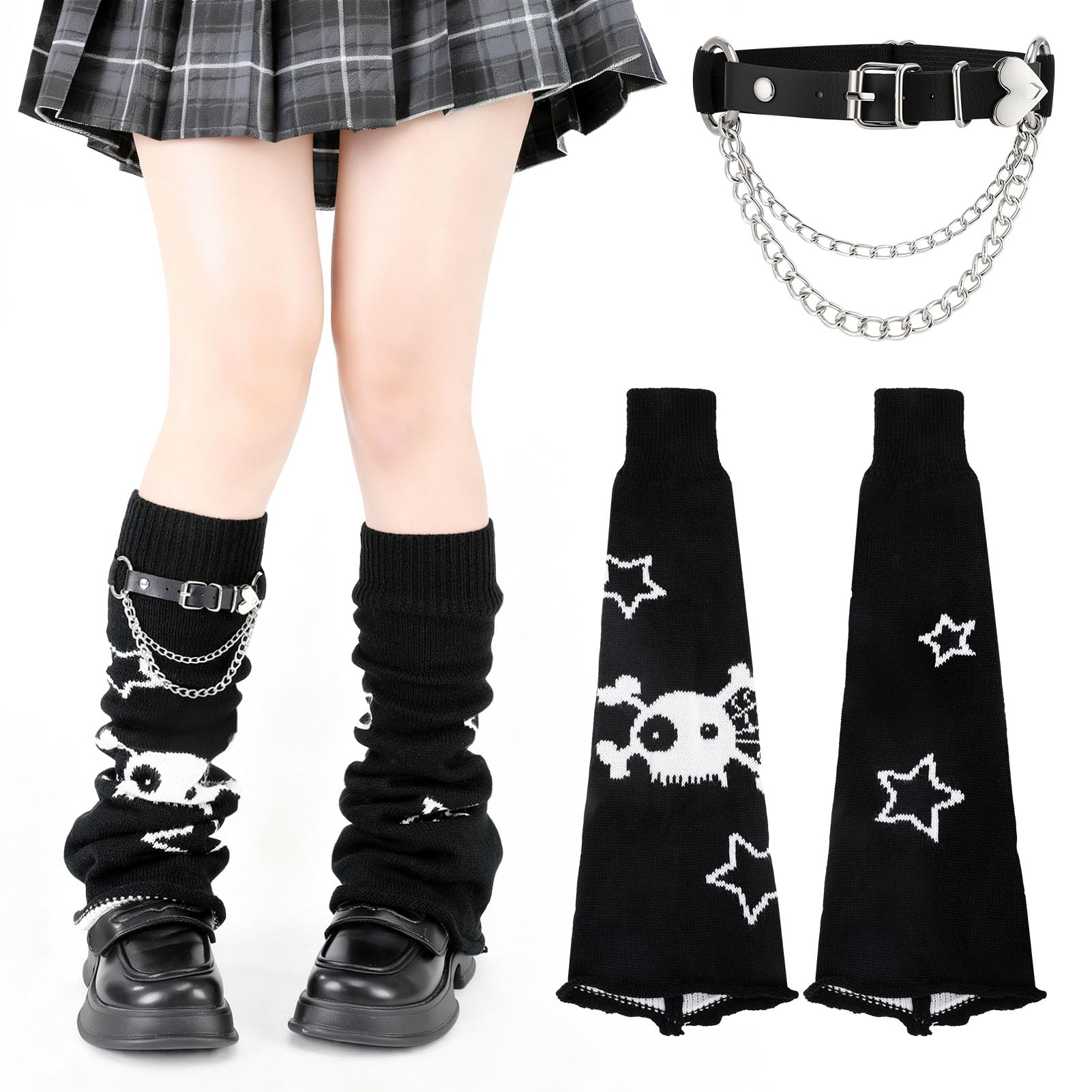 Y2K Star Skull Leg Warmers and Leg Chain Set Winter Kawaii Knitted Warmers Socks Harajuku Goth Accessories for