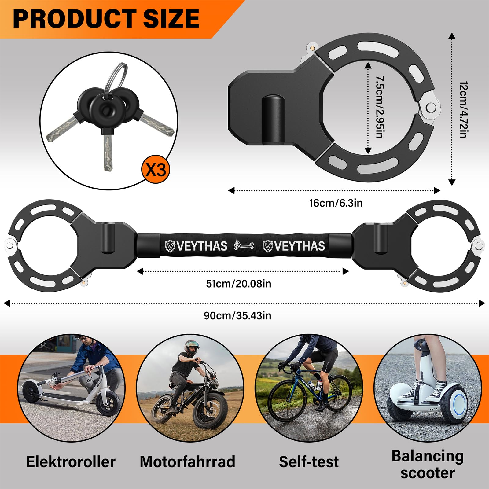 E Scooter Schloss mit Tasche - maximale Sicherheit mit schloss für e scooter,8mm handschellenschloss,90cm e-scooter schloss,Hochfeste Legierungen e roller schloss,für Scooter,Roller