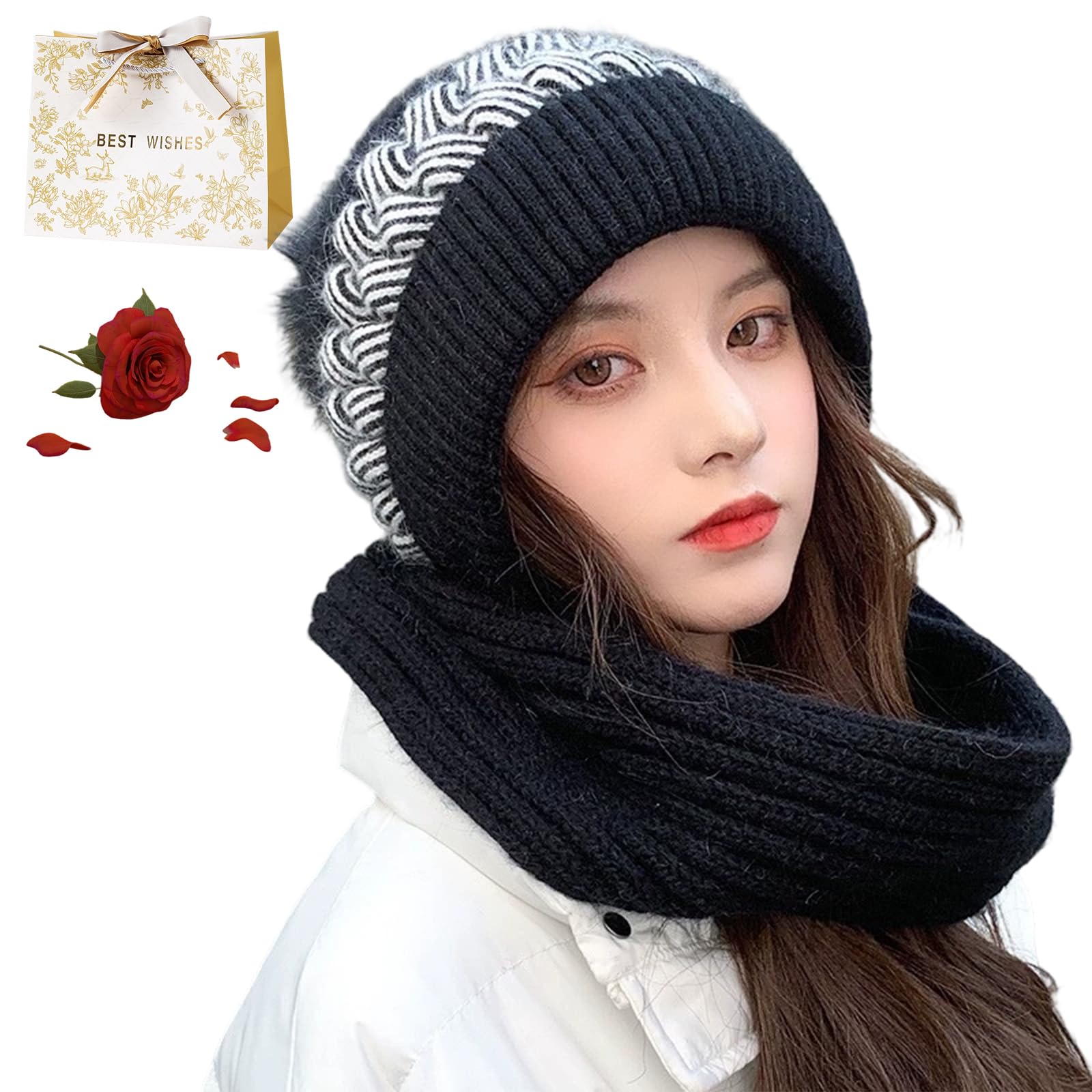 Fjaldjfu Women's 1Pc-L Winter Versatile Knitted Hooded Scarf For Hooded Scarf 2 In 1 Integrated Ear Protection Windproof Hats And Scarves, All In One Hat And Scarfs, Double The Warmth (1Pc-L)