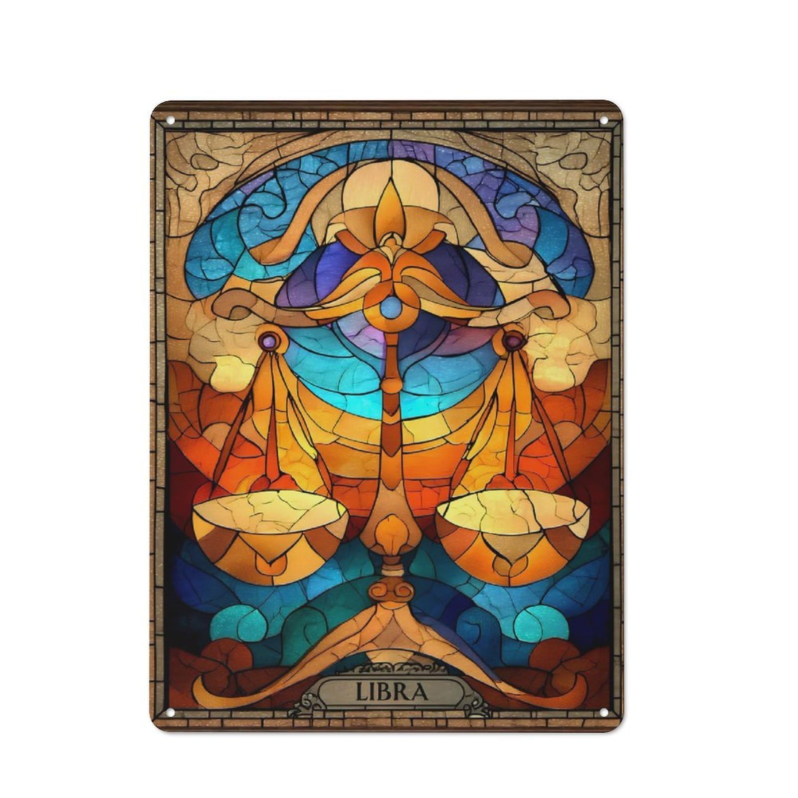 Metal Sign 40x30cm with Libra Zodiac Sign Stained Glass Art for Home Bar Wall, Retro Decor, for Garage, Workshop And Man Cave Decoration
