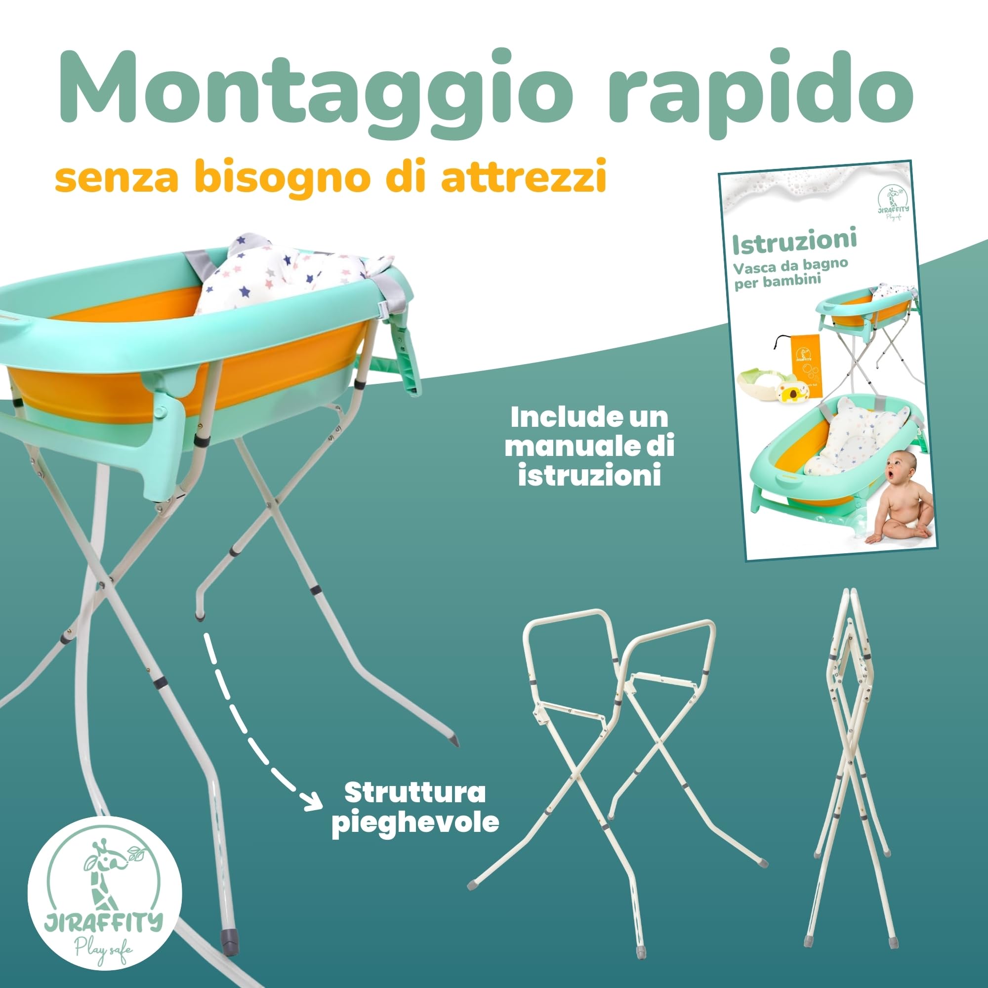 Vaschetta bagnetto neonato pieghevole con supporto – vasca pieghevole per neonati 0–3 anni con cuscino ergonomico, tappo termosensibile e accessori – facile da trasportare e riporre