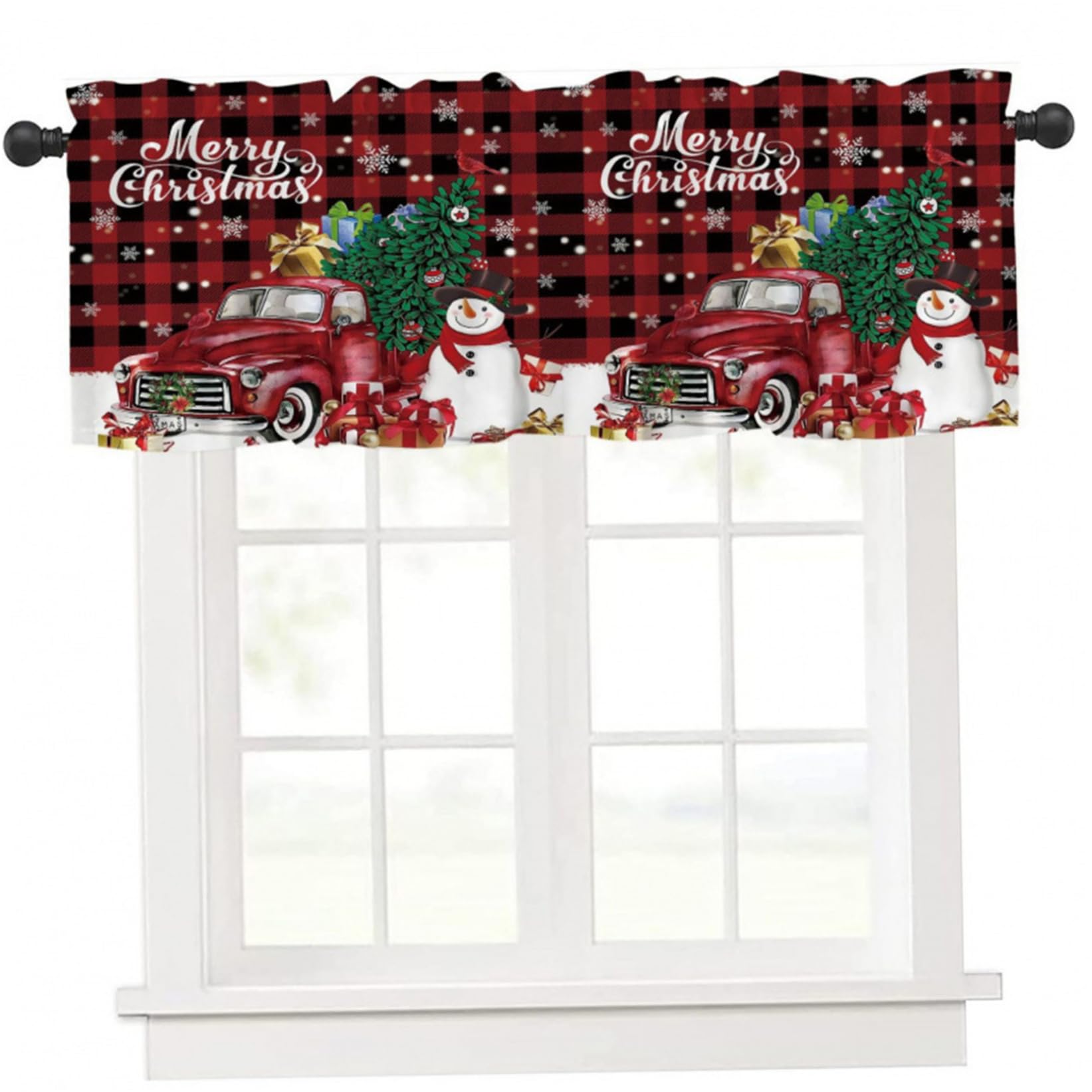 Gcroet 1PC Christmas Valances for Windows 54 x 18in Snowman Car Snowflake Christmas Kitchen Curtains, Rod Pocket Short Window Valances for Kitchen Living Room Bedroom